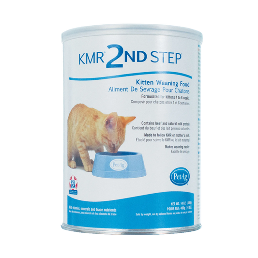 Esbilac® 2nd Step™ Puppy and Kitten Weaning Food,"Front view of can with kitten and blue bowl graphic"