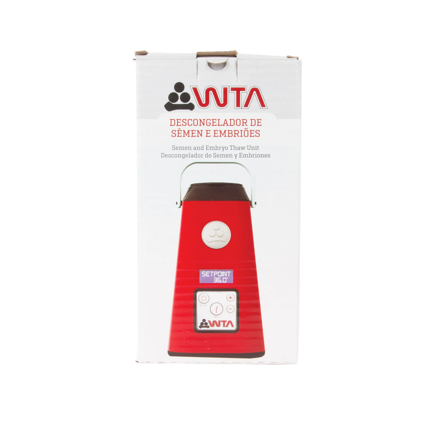 WTA Semen and Embryo Thaw Unit,"Front view of product box with red thaw unit image"