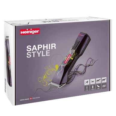 Purple Saphir Cordless Clipper Two Batteries by Heiniger and FREE Blade,"Retail box with clipper image on front"