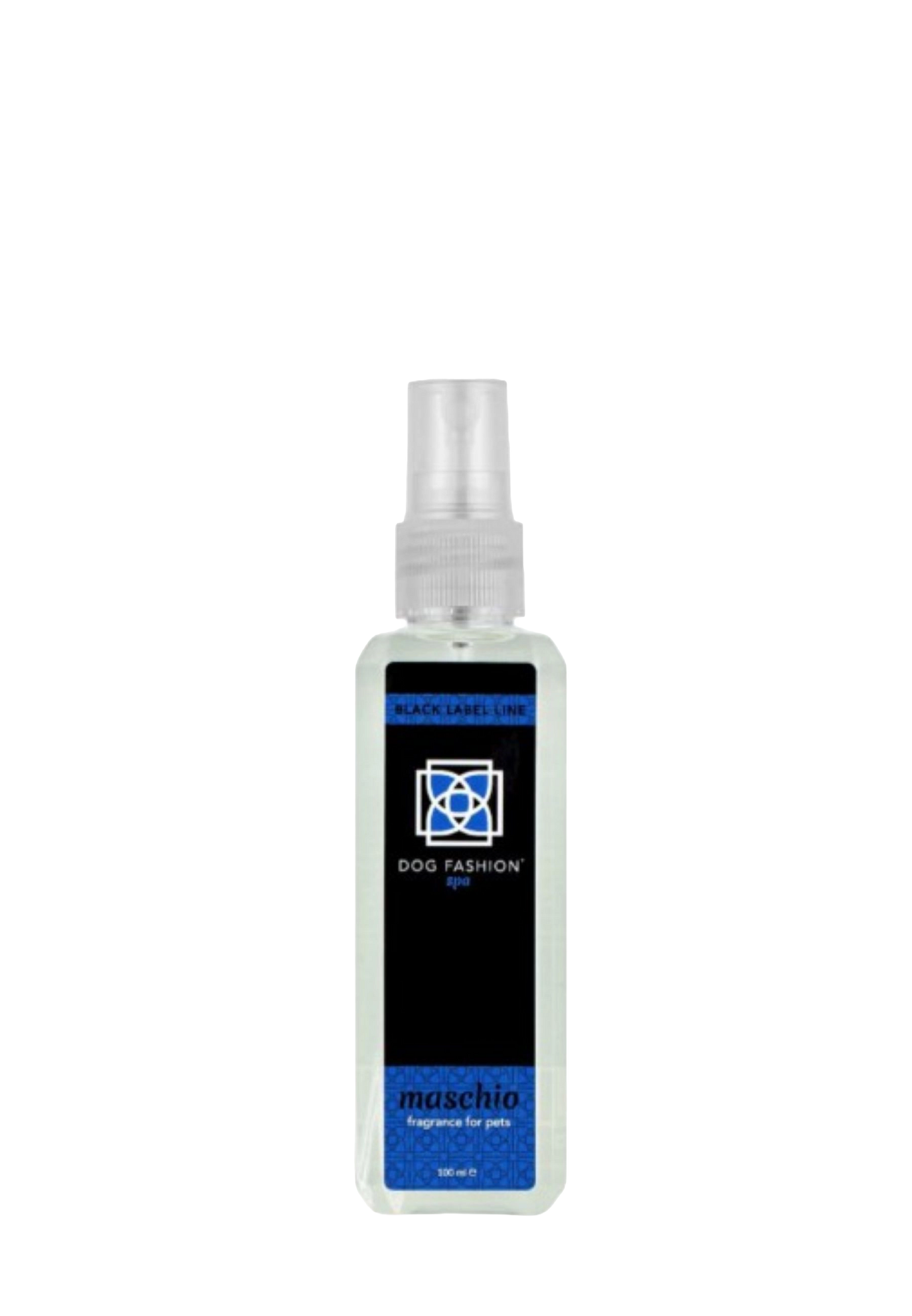 Maschio Fragrance,"Clear rectangular spray bottle with black and blue label"