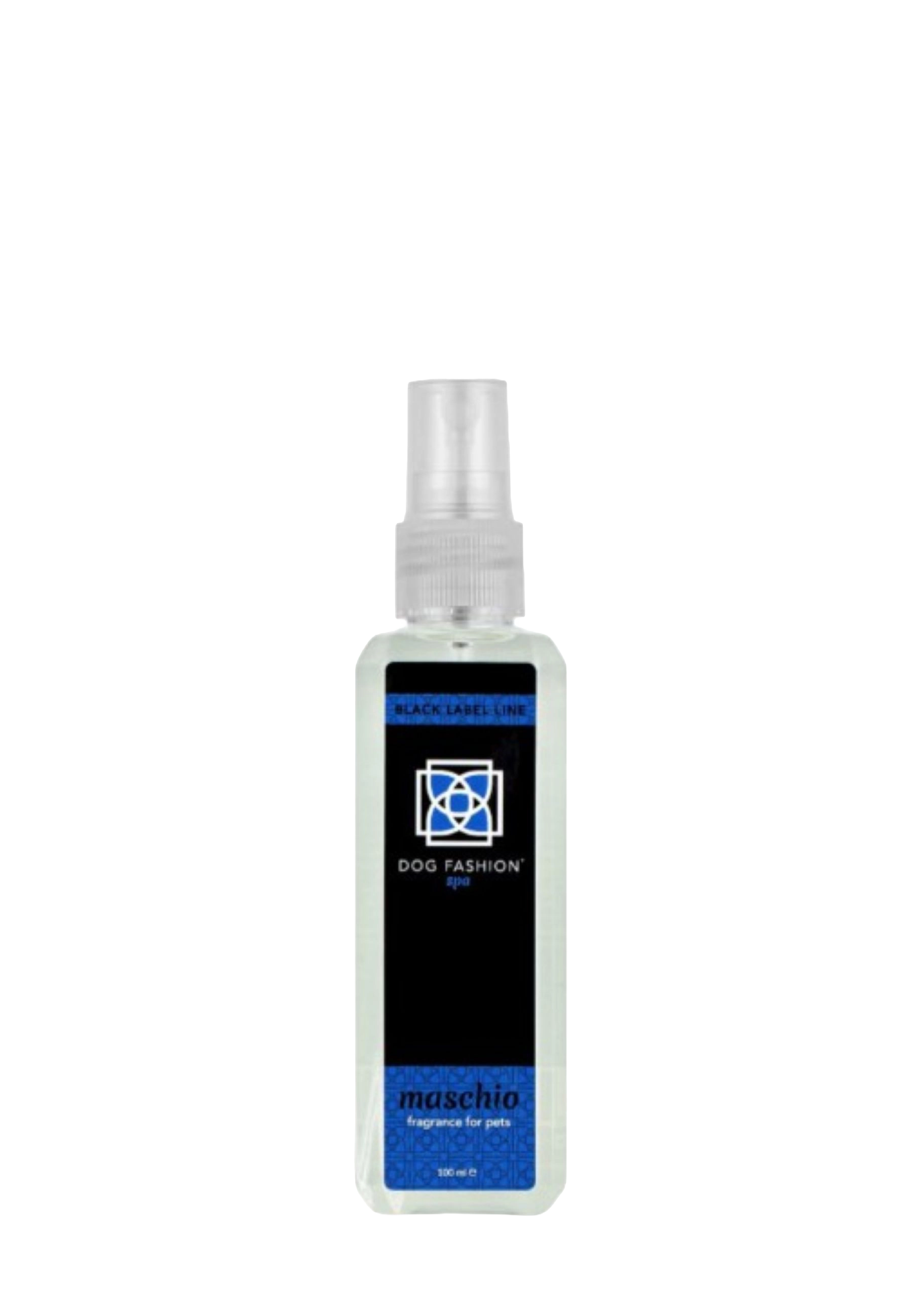 Maschio Fragrance,"Clear rectangular spray bottle with black and blue label"
