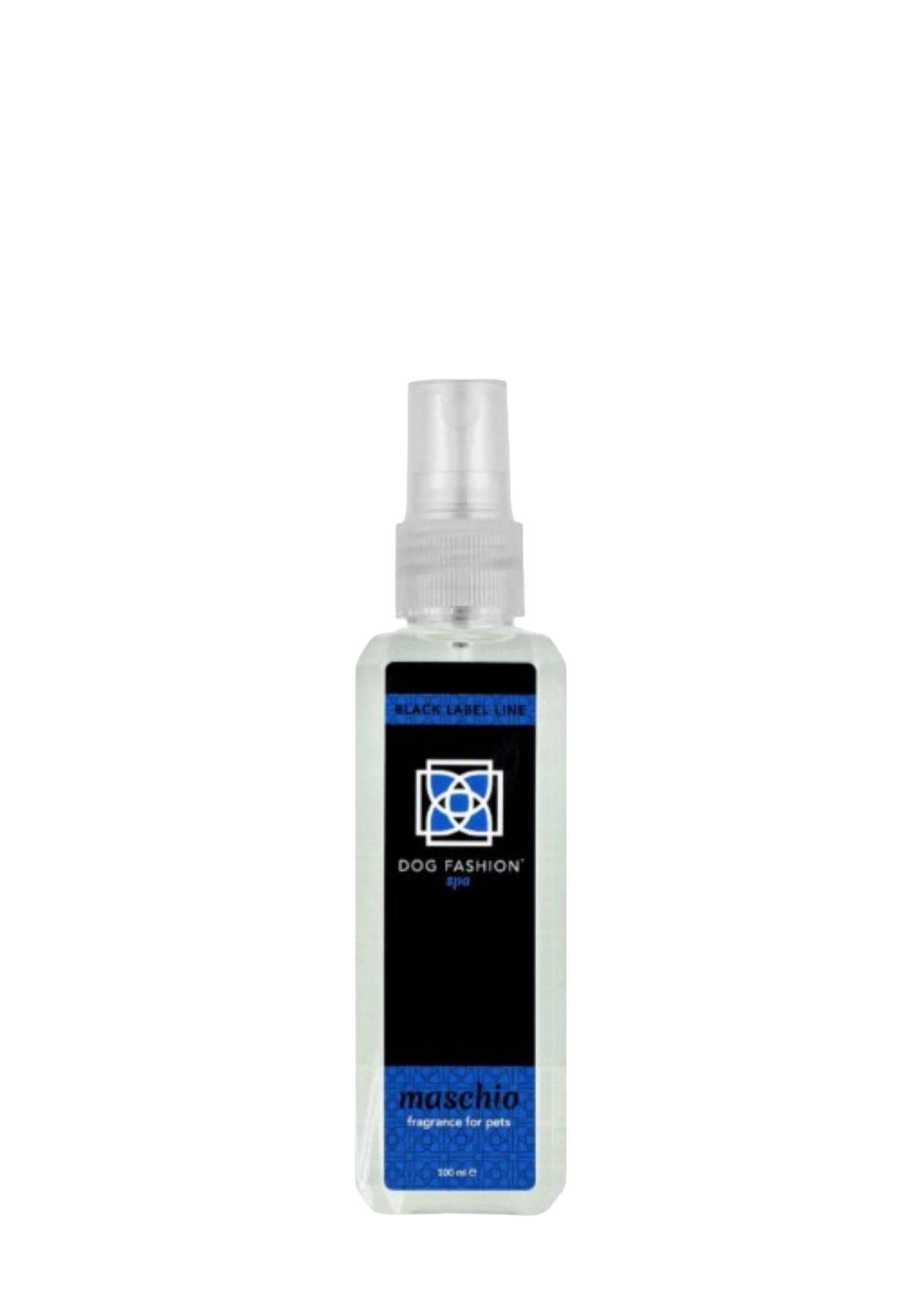 Maschio Fragrance,"Clear rectangular spray bottle with black and blue label"