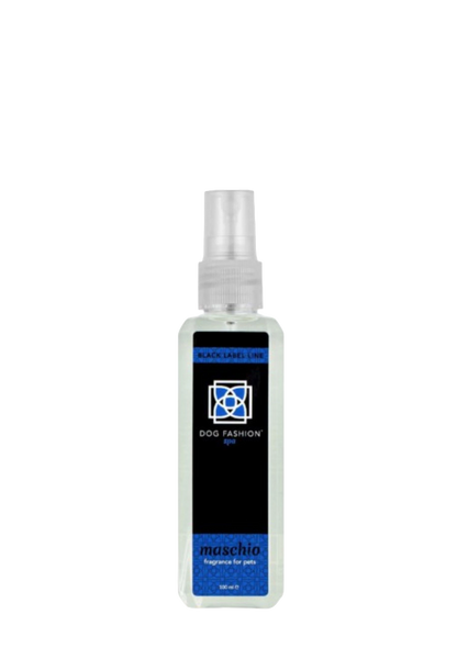 Maschio Fragrance,"Clear rectangular spray bottle with black and blue label"