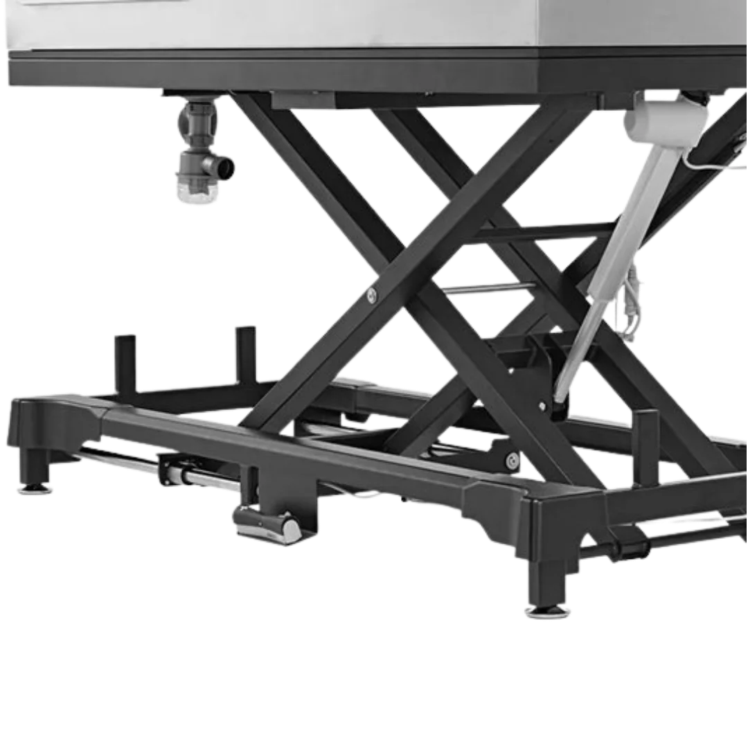 Dog Grooming Electric Tub with Lift-up Door by Waggz,"Black scissor-lift base and underside of grooming tub"