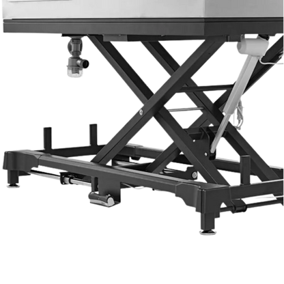 Dog Grooming Electric Tub with Lift-up Door by Waggz,"Black scissor-lift base and underside of grooming tub"