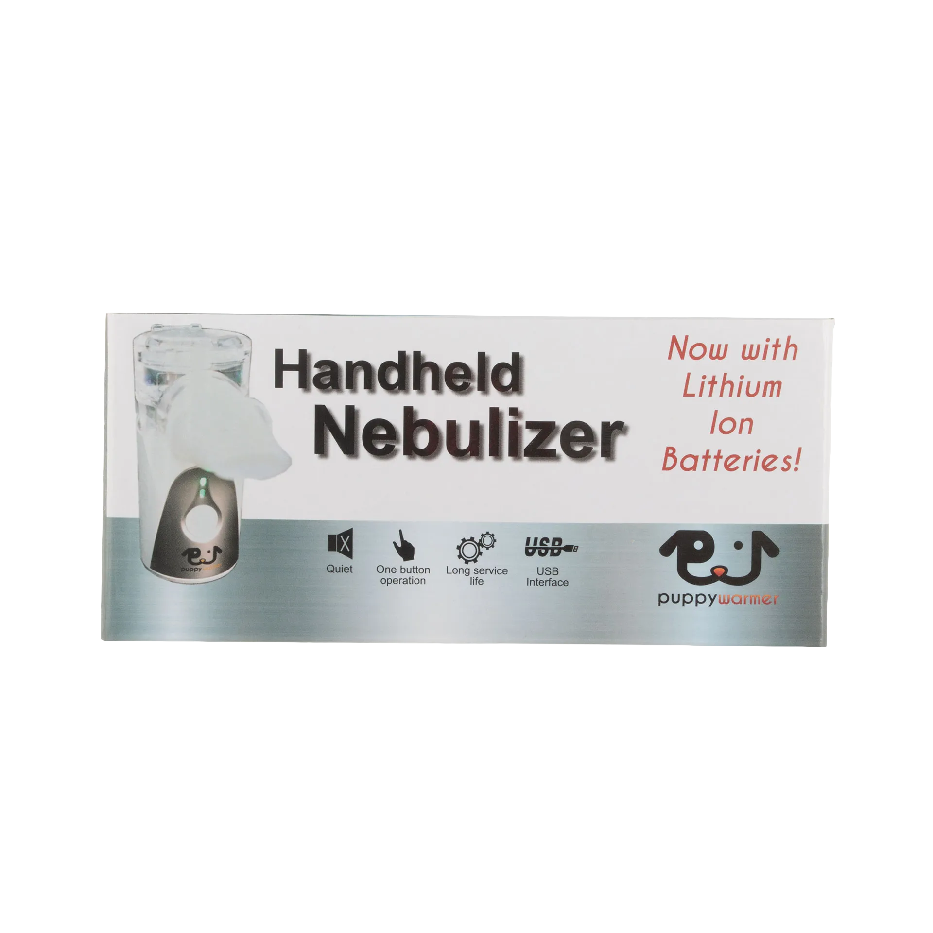 Puppywarmer Handheld Nebulizer,"Product box with handheld nebulizer and mask illustration"
