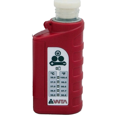 WTA Pocket Tube Heater (battery operated),"Red handheld heater with capped vial inserted"