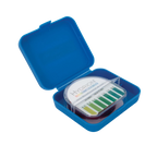 pH Strips Diagger,"Blue hinged case with clear pH strip dispenser and color chart"