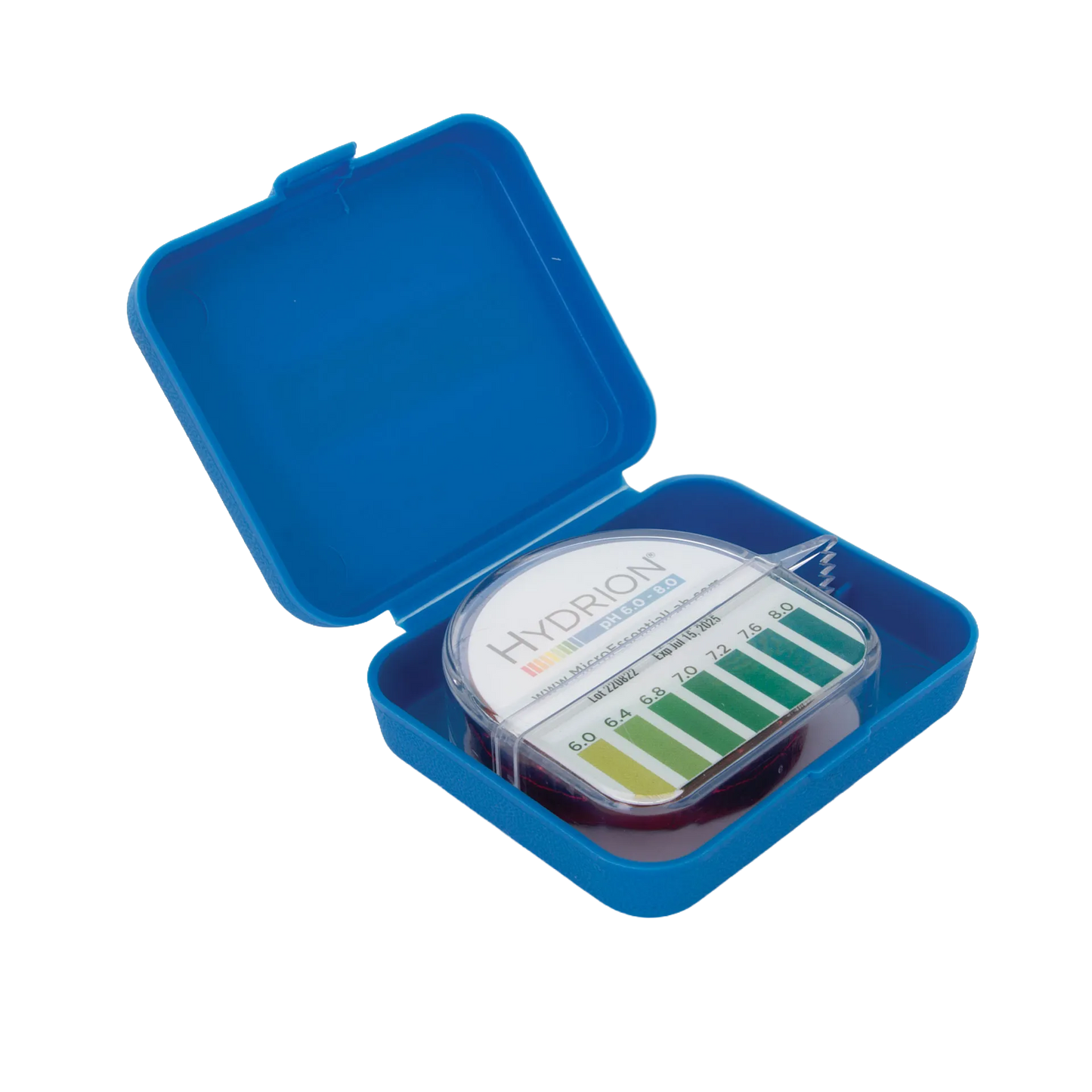 pH Strips Diagger,"Blue hinged case with clear pH strip dispenser and color chart"