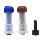 Udderly EZ Horse Milker,"Two clear cylindrical inserts with blue and brown caps and a black nozzle"