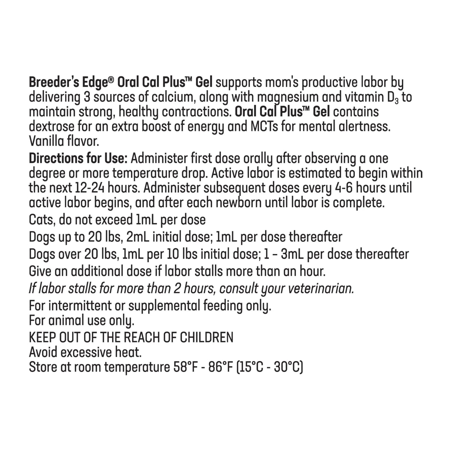 Breeder's Edge® Oral Cal Plus™ Gel,"Back label view of gel tube packaging"