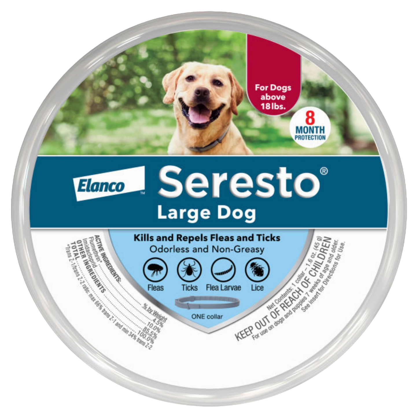 Seresto® Flea & Tick Collars for Cats & Dogs,"Round collar tin with dog image on lid"