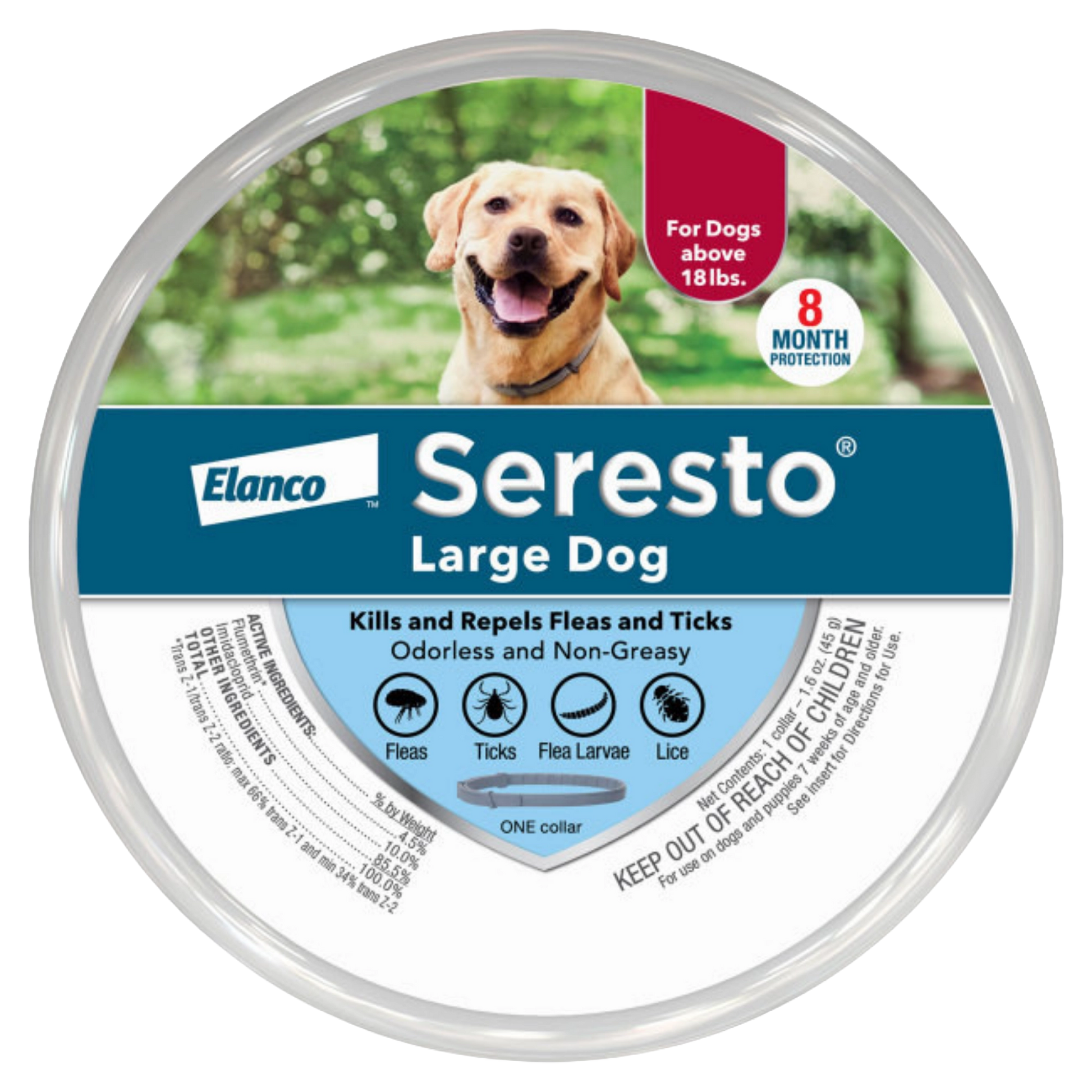 Seresto® Flea & Tick Collars for Cats & Dogs,"Round collar tin with dog image on lid"