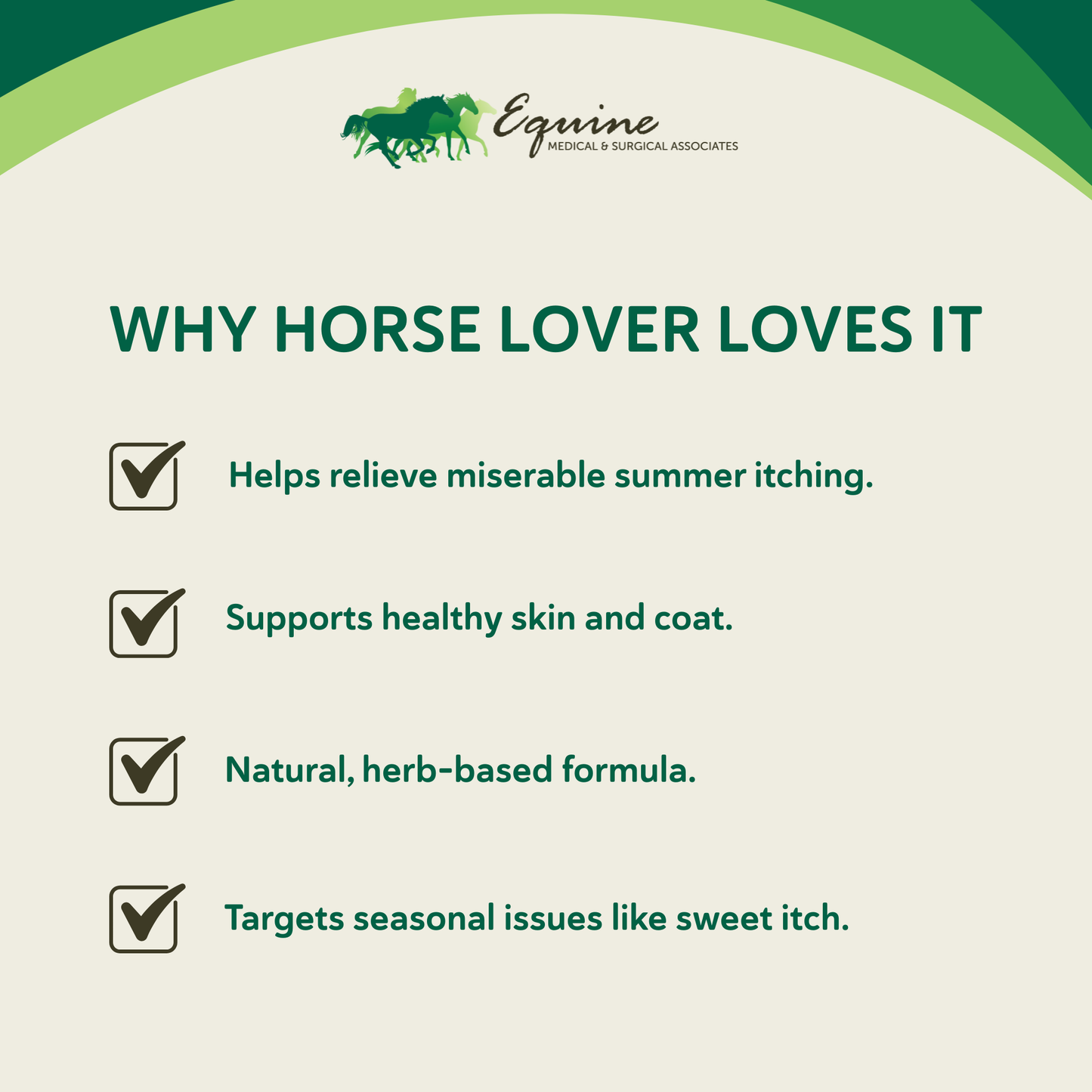 Summer Eczema,"Informational graphic with horse logo and four checkmark bullet points"