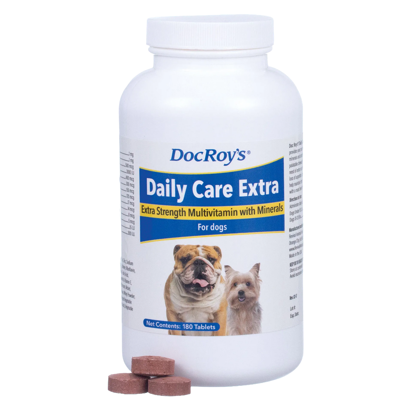 Doc Roy's® Daily Care Extra Canine,"White supplement bottle with dog label and three brown tablets"