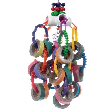 Bagel Cascade,"Colorful hanging toy with stacked ring loops and chains"