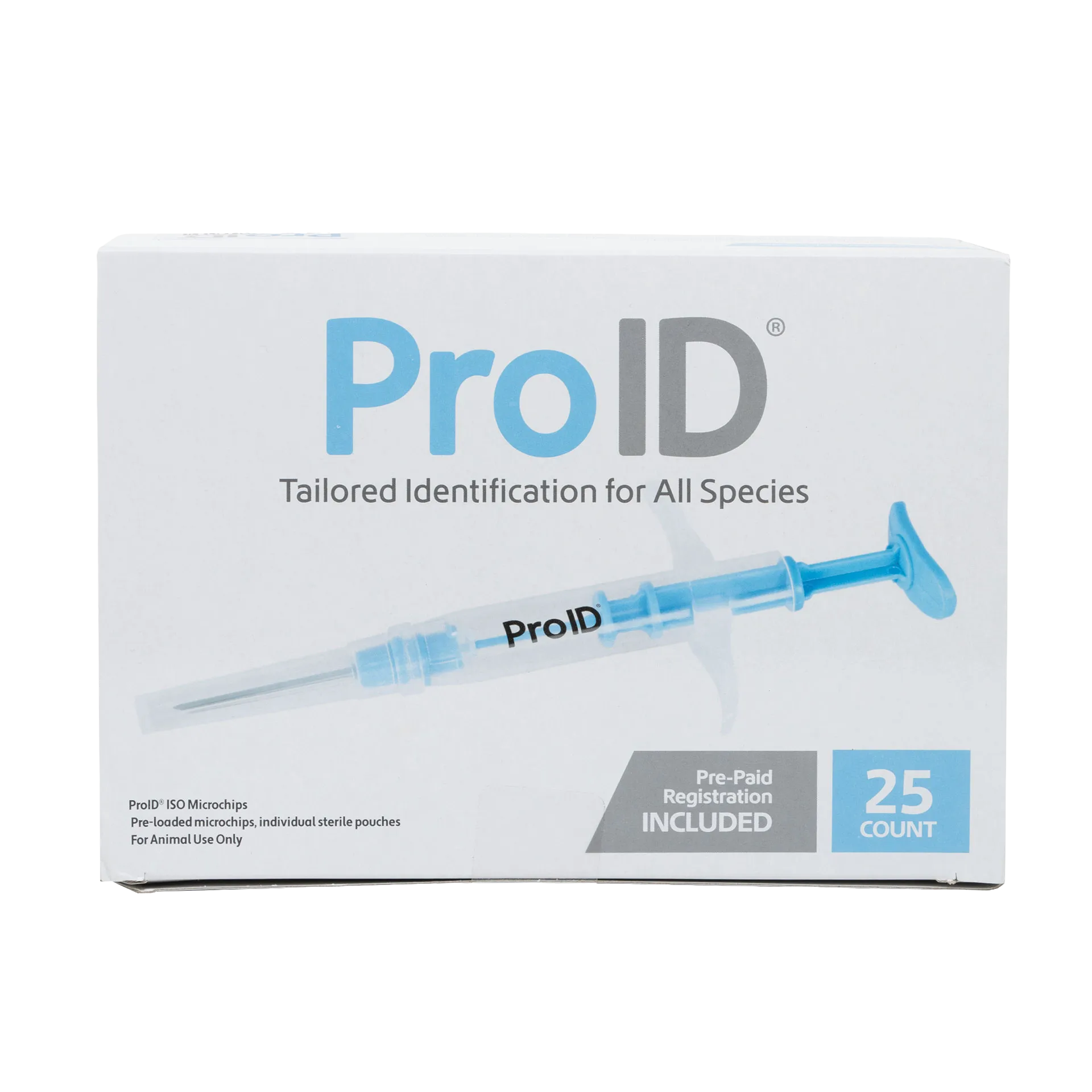 ProID® ISO Microchips,"White product box with blue syringe illustration"