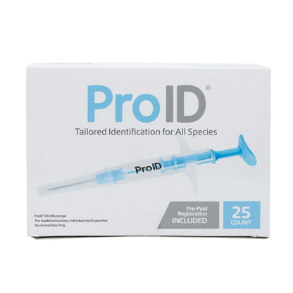ProID® ISO Microchips,"White product box with blue syringe illustration"