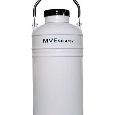 SC 4/3V Vapor (Dry) Shipper,"White cylindrical container with black cap and handle"