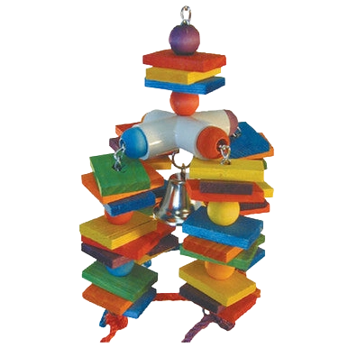 4 Way Play,"Hanging bird toy with colorful wood blocks, beads, and bell"