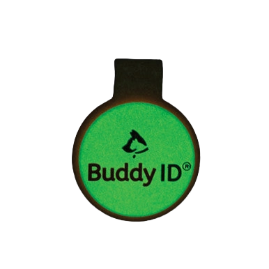 BuddyID® BuddyBadge® Silicone Collar Tag,"Round green collar tag with black tab"