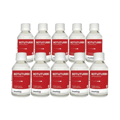 BotuSemen Turbo,"Ten white bottles with red labels arranged in two rows"