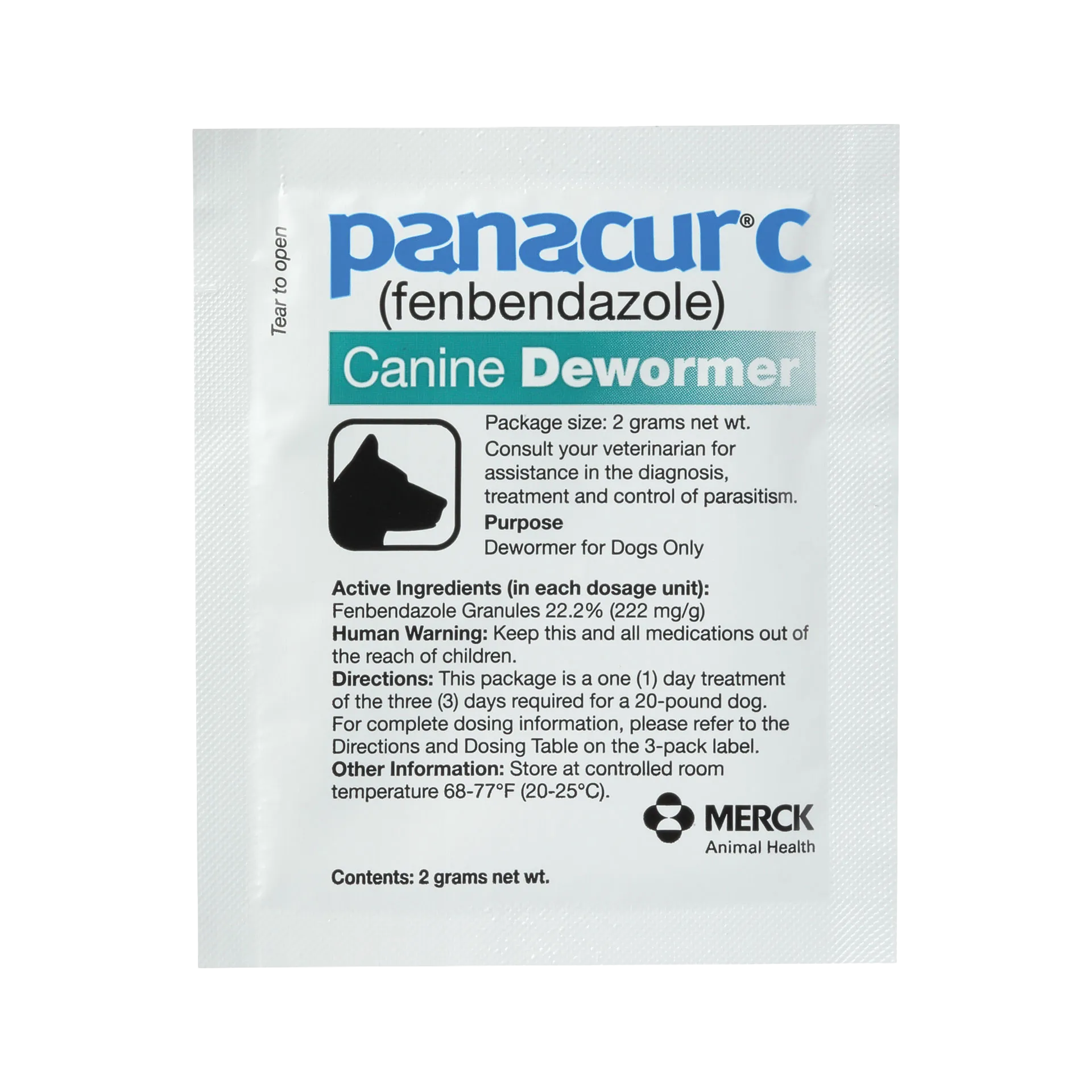 Panacur® C Canine Dewormer,"Single white dewormer packet with dog silhouette icon"