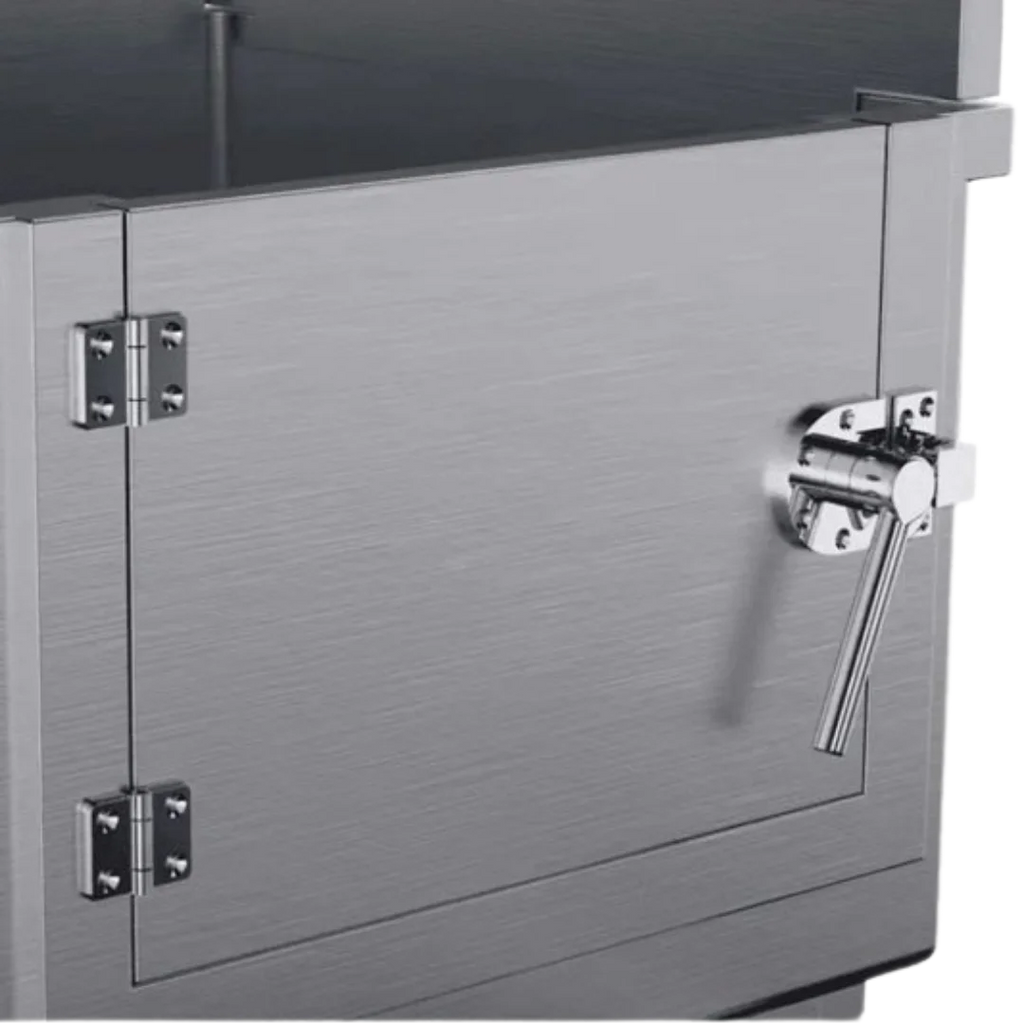 Dog Grooming Stational Tub with Lift-up Door Silver by Waggz,"Silver tub front panel with lift-up door latch and hinges"