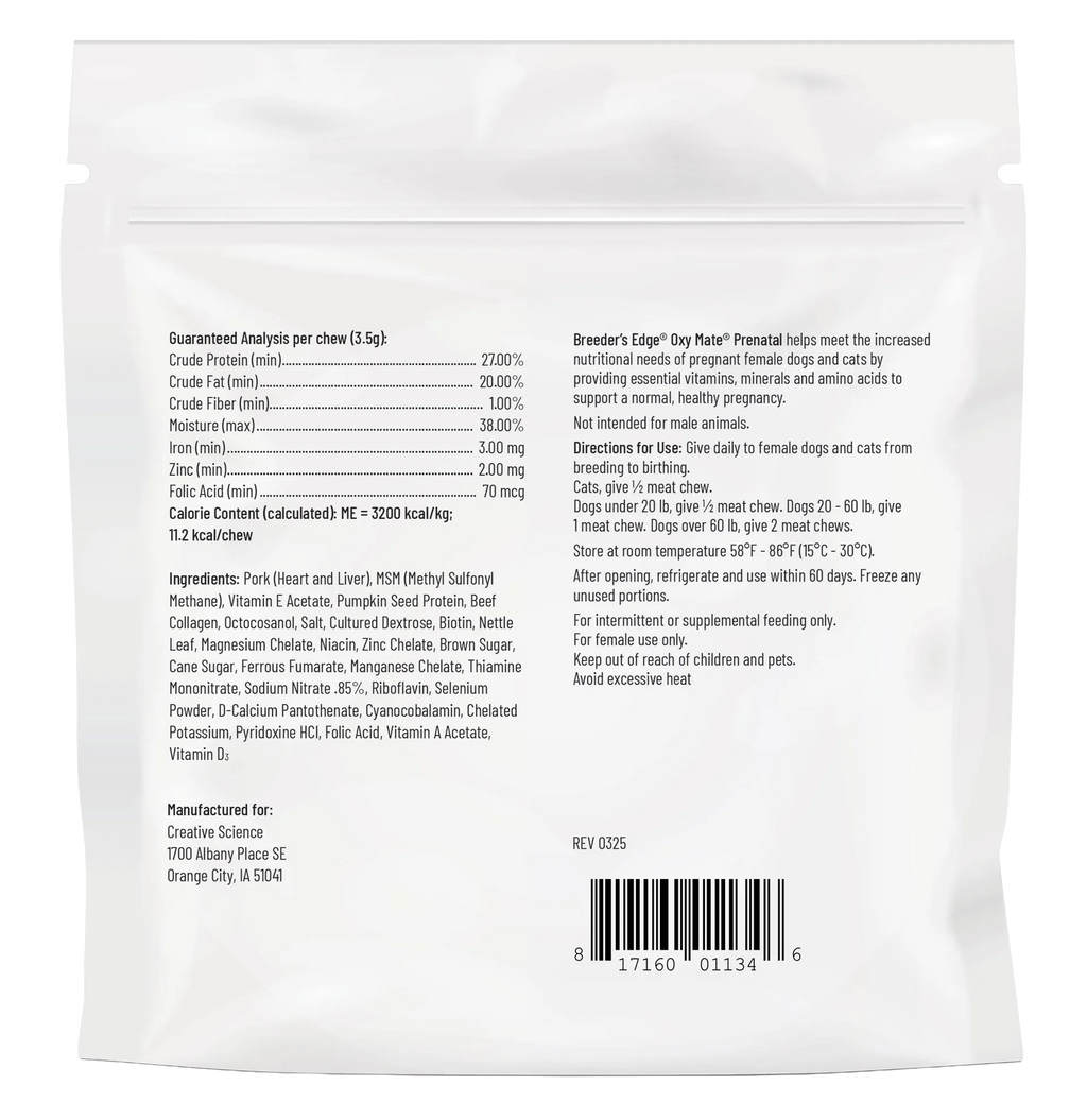 Breeder's Edge® Oxy Mate® Prenatal,"Back of white resealable pouch with barcode"
