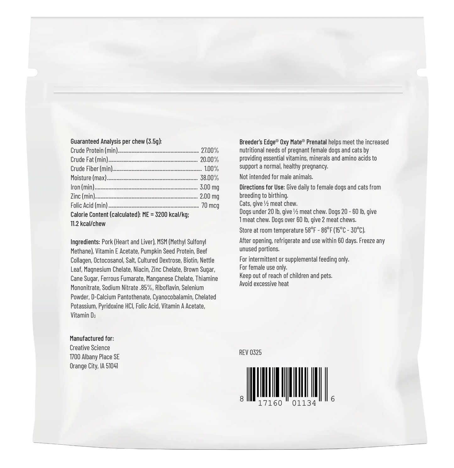 Breeder's Edge® Oxy Mate® Prenatal,"Back of white resealable pouch with barcode"