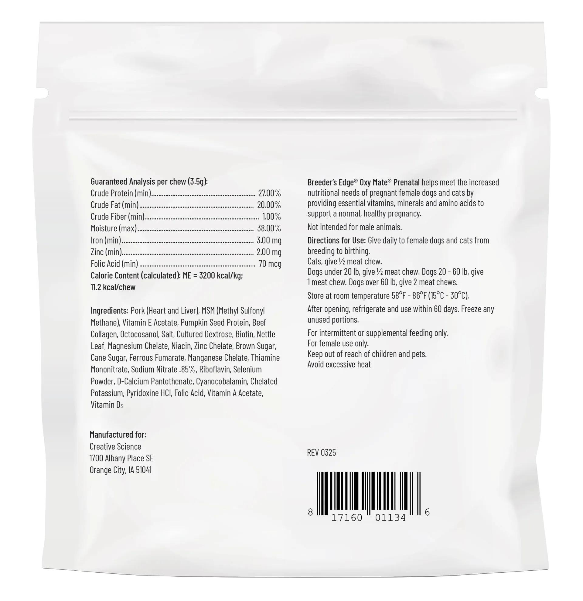 Breeder's Edge® Oxy Mate® Prenatal,"Back of white resealable pouch with barcode"