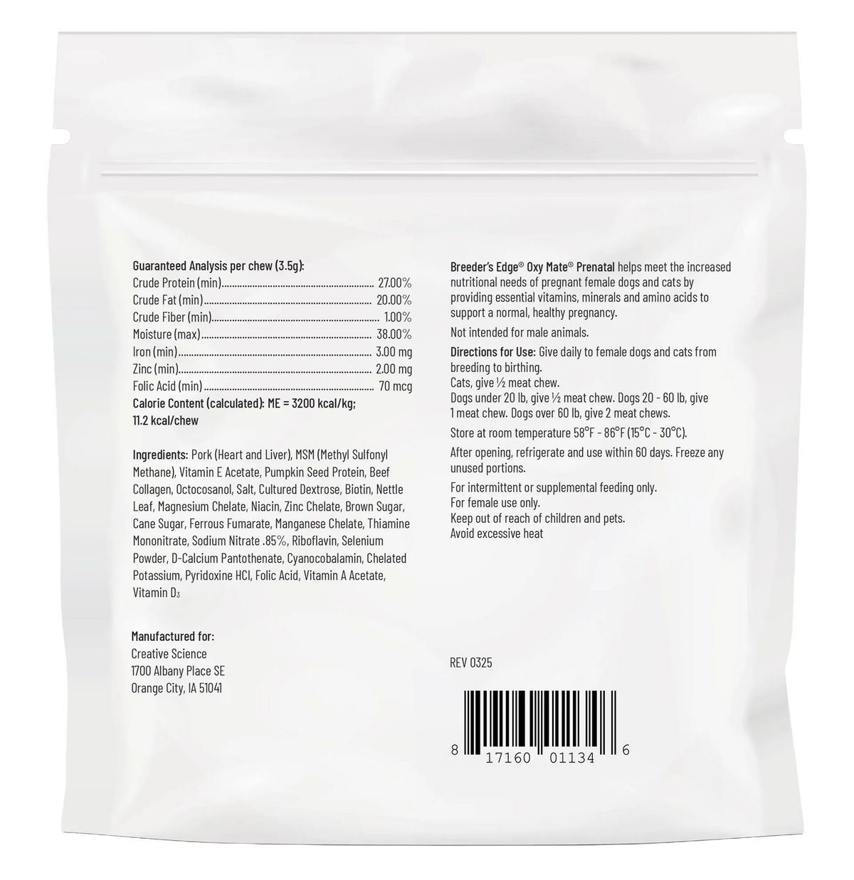 Breeder's Edge® Oxy Mate® Prenatal,"Back of white resealable pouch with barcode"
