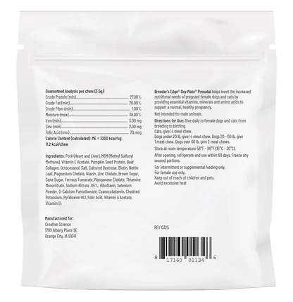 Breeder's Edge® Oxy Mate® Prenatal,"Back of white resealable pouch with barcode"