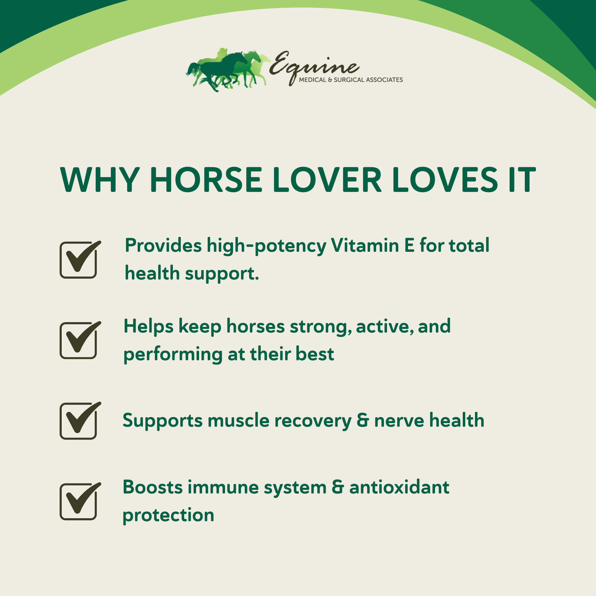 Health E™,"Horse logo infographic with four checkmark bullet points"