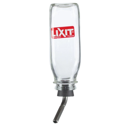 Lixit® Bird Deluxe Glass Water Bottle,"Clear glass bottle with angled metal drinking tube"