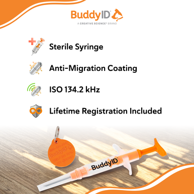BuddyID® ISO Microchip,"Microchip syringe with orange tag"