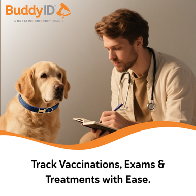 BuddyID®  ISO Microchip,"Promotional graphic with veterinarian holding dog"