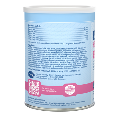 PetAg Esbilac Healthy Development Nutritional Supplement for Dogs and Weaning Puppies,"Pet supplement canister showing back label panel"