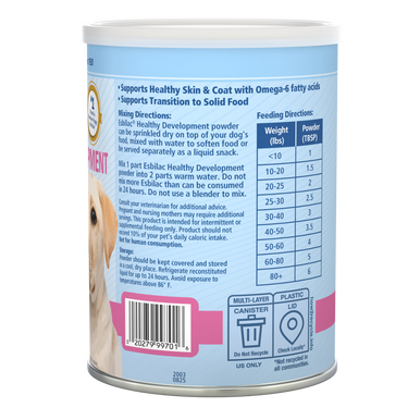 PetAg Esbilac Healthy Development Nutritional Supplement for Dogs and Weaning Puppies,"Pet supplement canister side label with feeding directions"