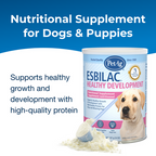 PetAg Esbilac Healthy Development Nutritional Supplement for Dogs and Weaning Puppies,"Can of puppy formula powder with puppy image and powder scoop"