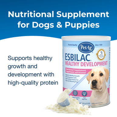PetAg Esbilac Healthy Development Nutritional Supplement for Dogs and Weaning Puppies,"Can of puppy formula powder with puppy image and powder scoop"