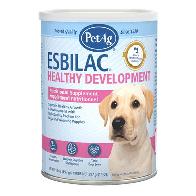 PetAg Esbilac Healthy Development Nutritional Supplement for Dogs and Weaning Puppies,"Supplement canister with puppy image on label"