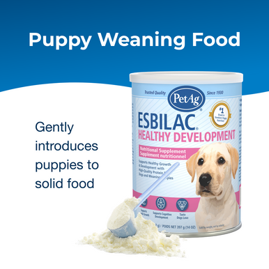PetAg Esbilac Healthy Development Nutritional Supplement for Dogs and Weaning Puppies,"Pet food canister with puppy image and scoop of powder"