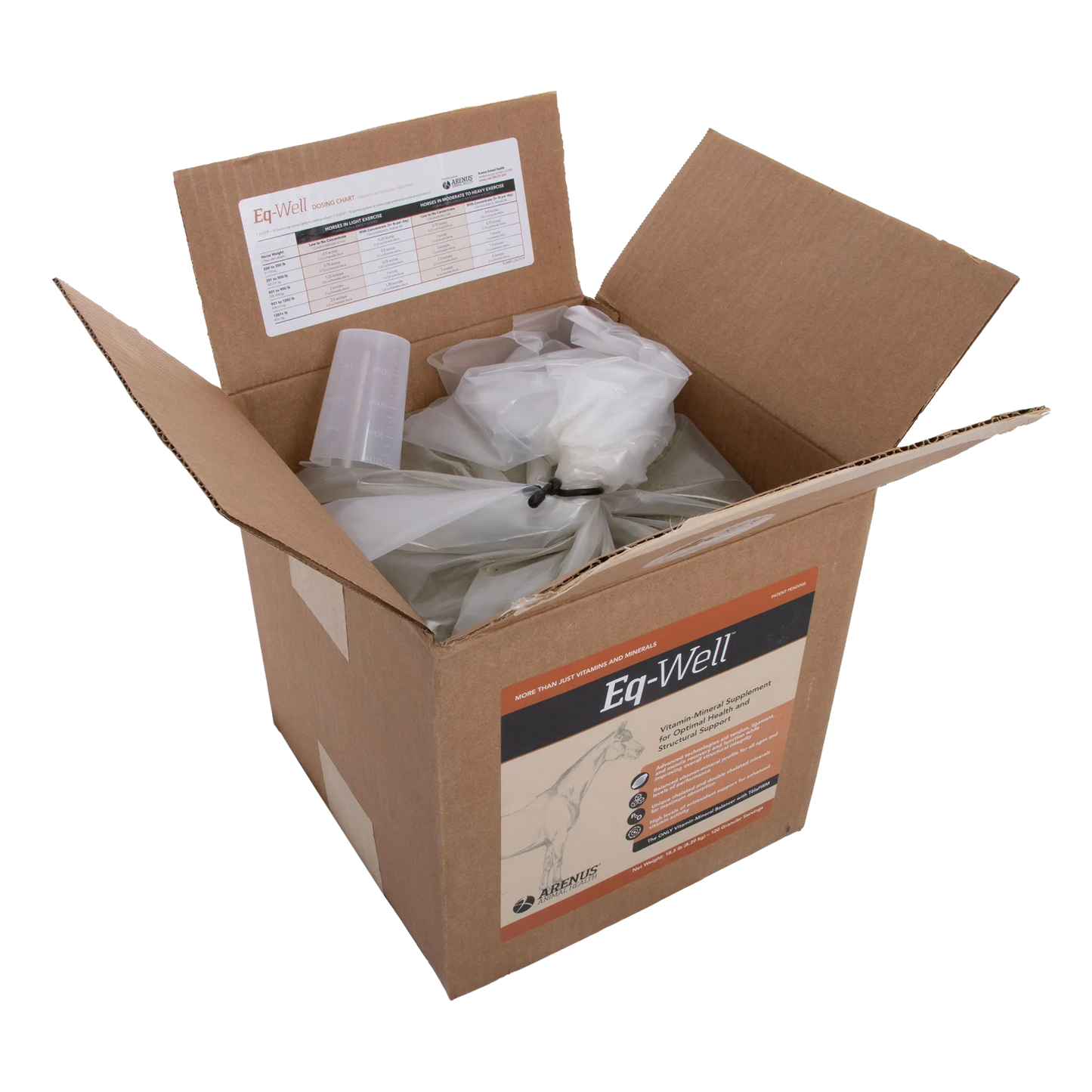 Eq-Well™,"Open cardboard box with sealed inner bag and clear measuring cup"