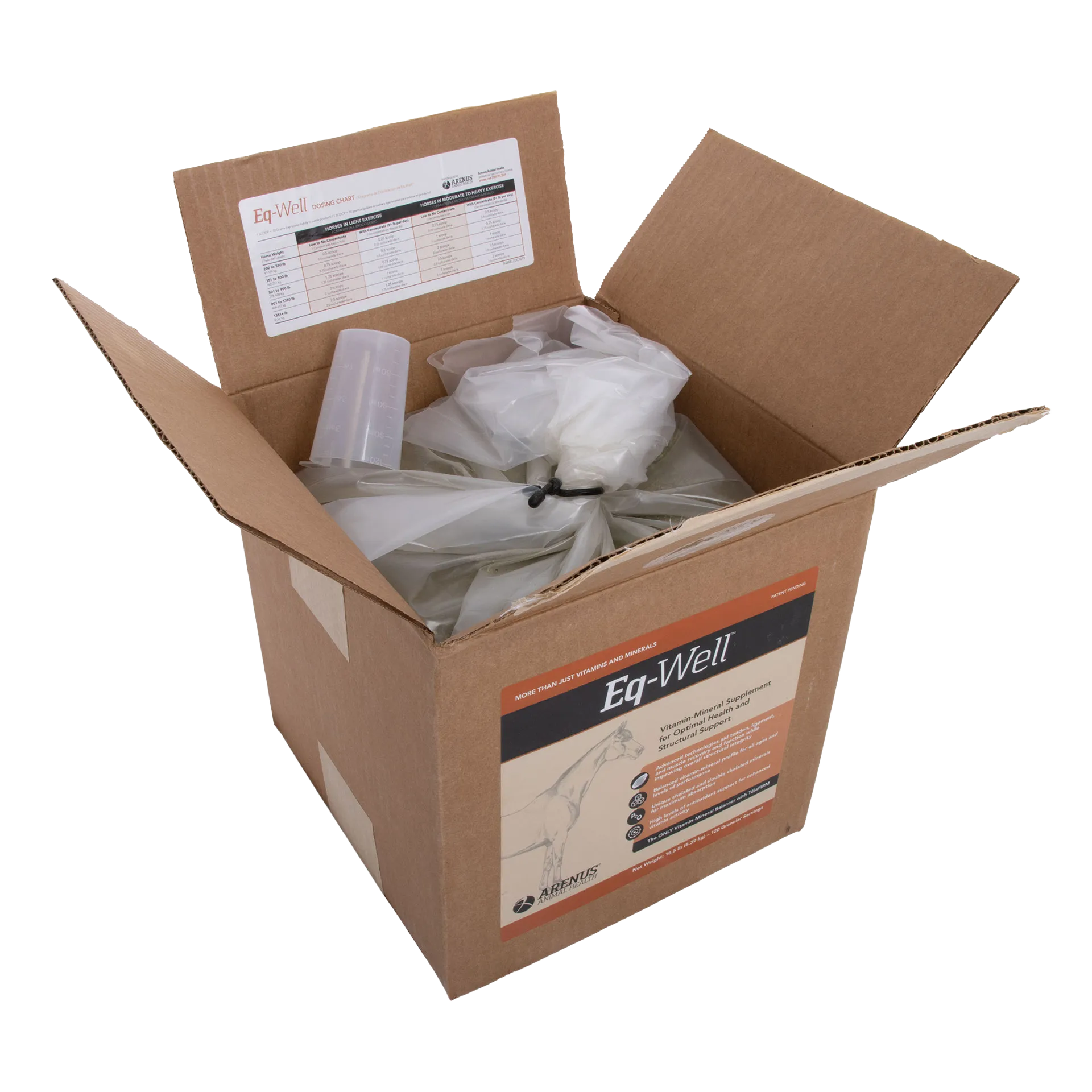 Eq-Well™,"Open cardboard box with sealed inner bag and clear measuring cup"