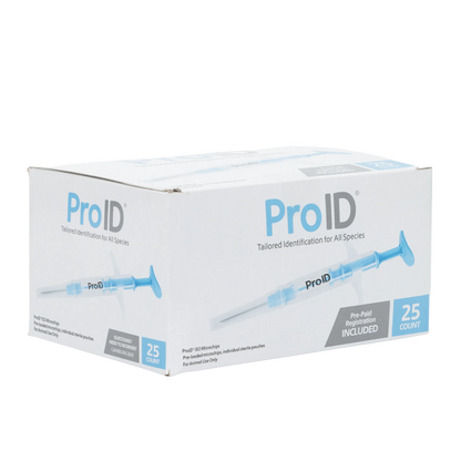 ProID® ISO Microchips,"White product box with blue syringe illustration, angled view"