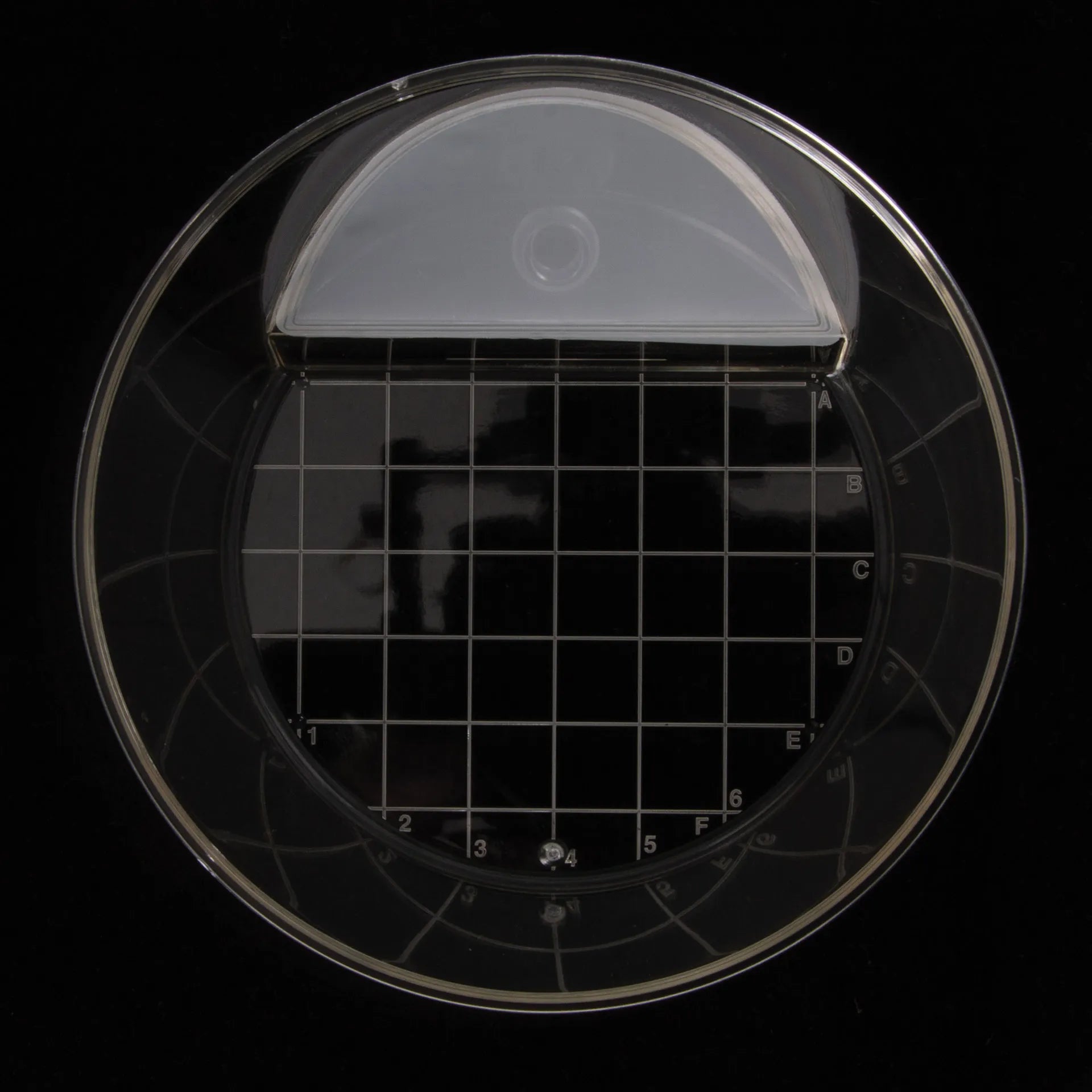 EZ Way Filter,"Round clear filter dish with gridded base and semicircle insert"