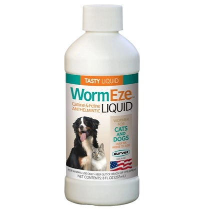 WormEze™ Liquid for Dogs & Cats,"White bottle with screw cap and dog and cat label"