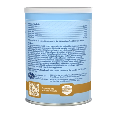 PetAg Esbilac Healthy Aging Powder for Adult and Senior Dogs,"Back of blue can with nutrition label and QR code"
