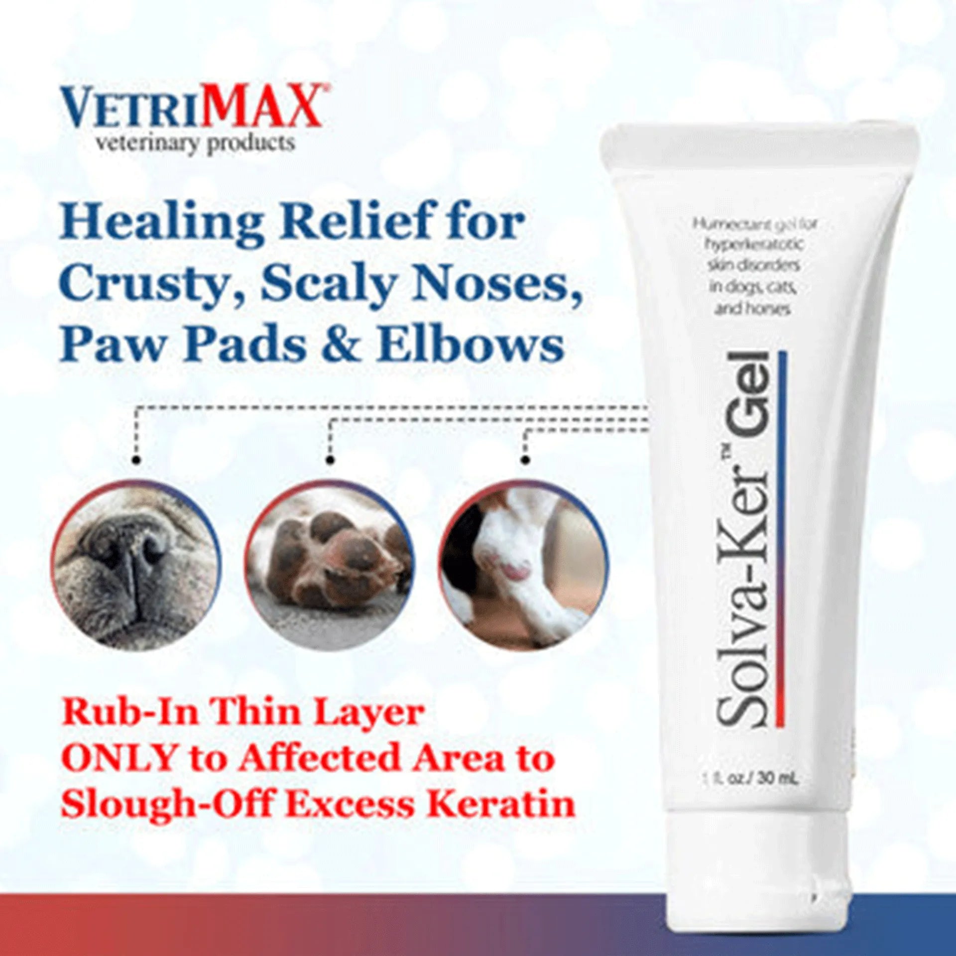 Solva-Ker™ Gel,"White squeeze tube beside product box with dog nose, paw, and elbow images"